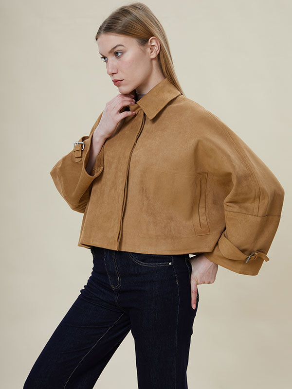 Fold Over Collar Zipper Solid Jacket