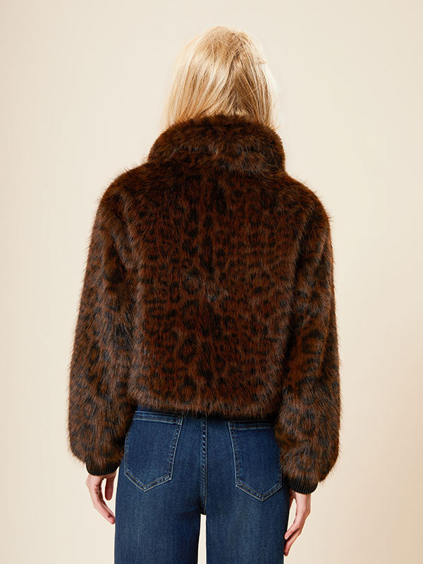 Leopard Fold Over Collar Zipper Fur Coat