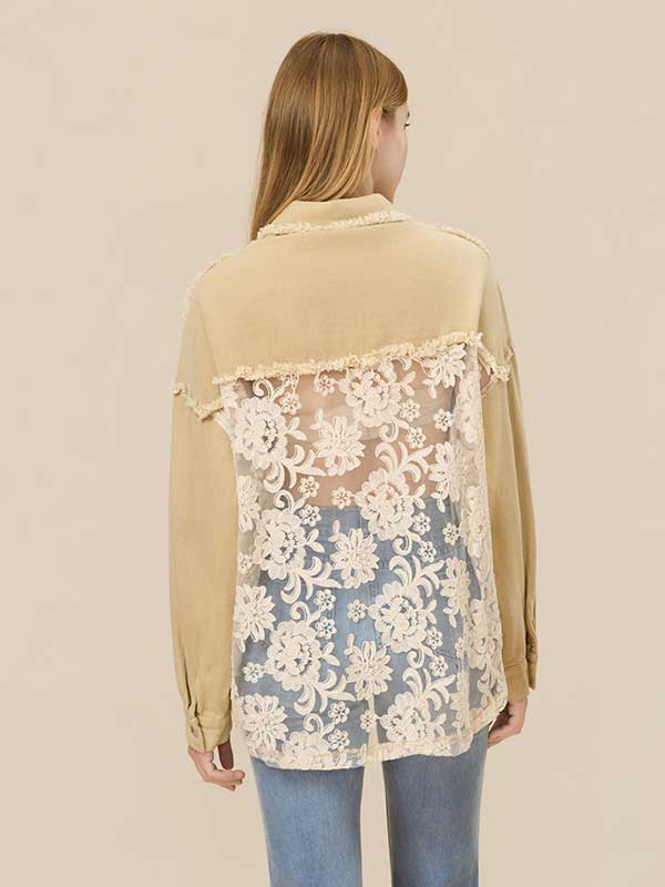 Frayed Trim Lace Patchwork Shirt