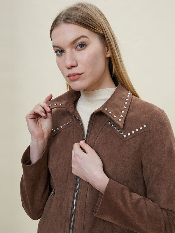 Rivet Fold Over Collar Stylish Jacket