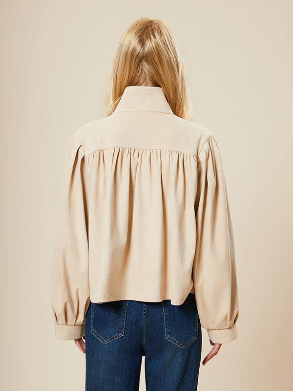 Pleated Bodice Single Breasted Solid Blouse