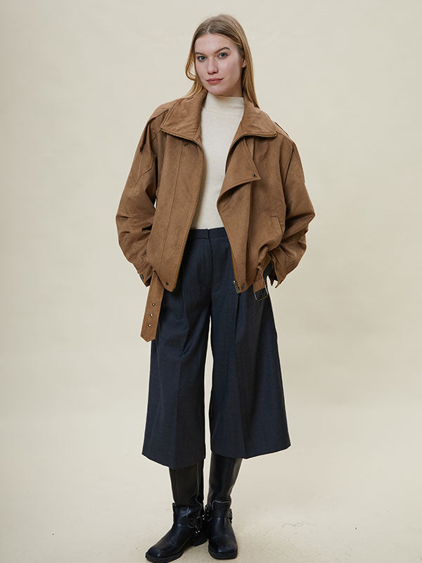 Meilade Lapel Belt Zipper Jacket