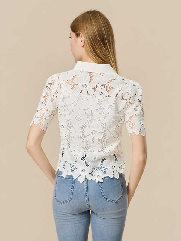 Floral Hollow Out Solid Shirt