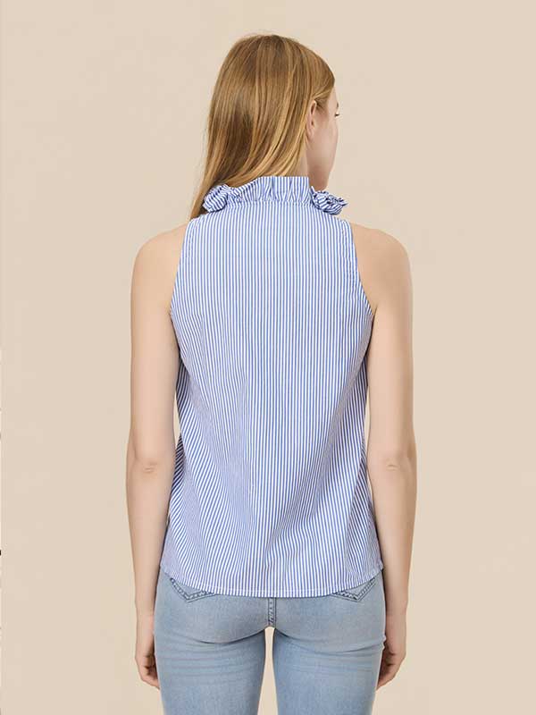 Floral Band Collar Striped Blouse