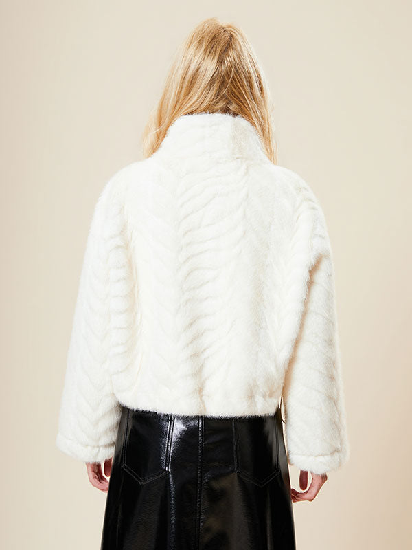 Elegant Band Collar Zipper Solid Fur Coat