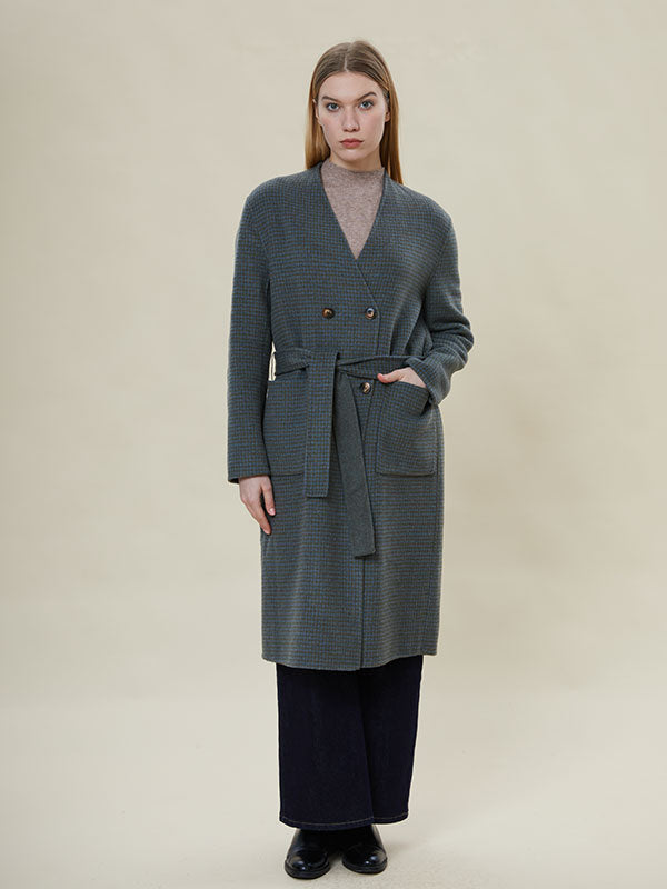 Houndstooth Belt V Neck Coat