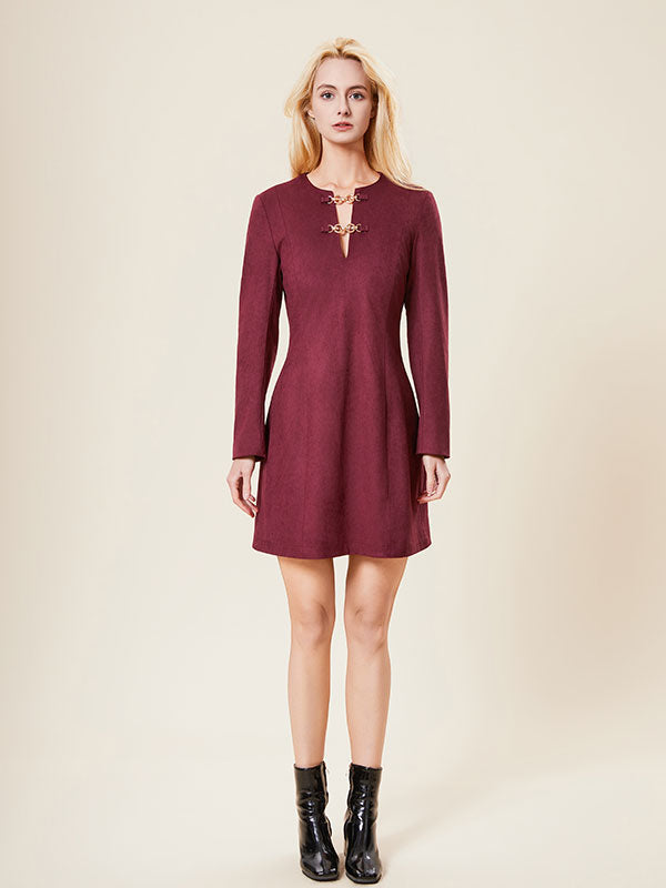 V Neck Metal Chain Solid Mini Dress