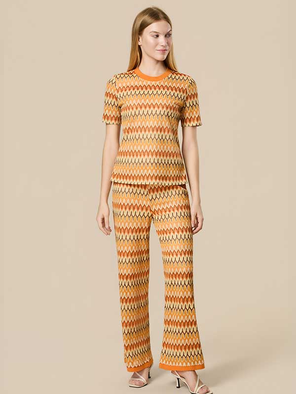 Wave Striped Round Neck Outfit Sets