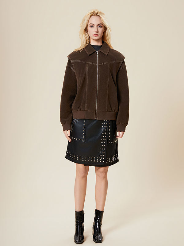 Contrast Stitching Zipper Fold Over Collar Jacket