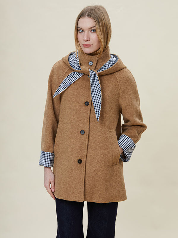 Hooded Checkered Patchwork Design Coat