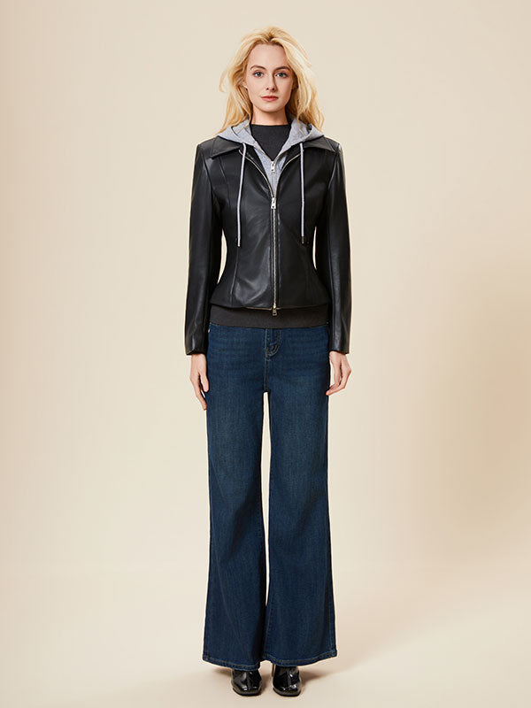 Hooded Color Block Zipper Leather Jacket