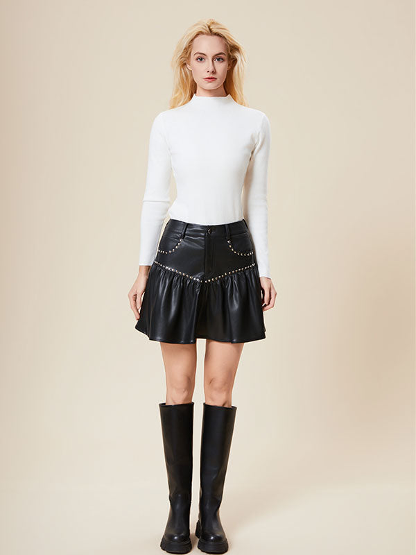 Flounce Rivet Patchwork Leather Mini Skirt