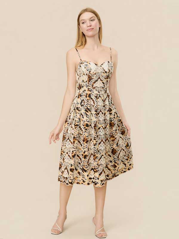 Animal Printed Decorative Lace Midi Dress