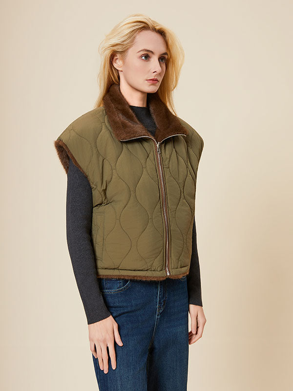 Band Collar Fur Lined Patchwork Vest