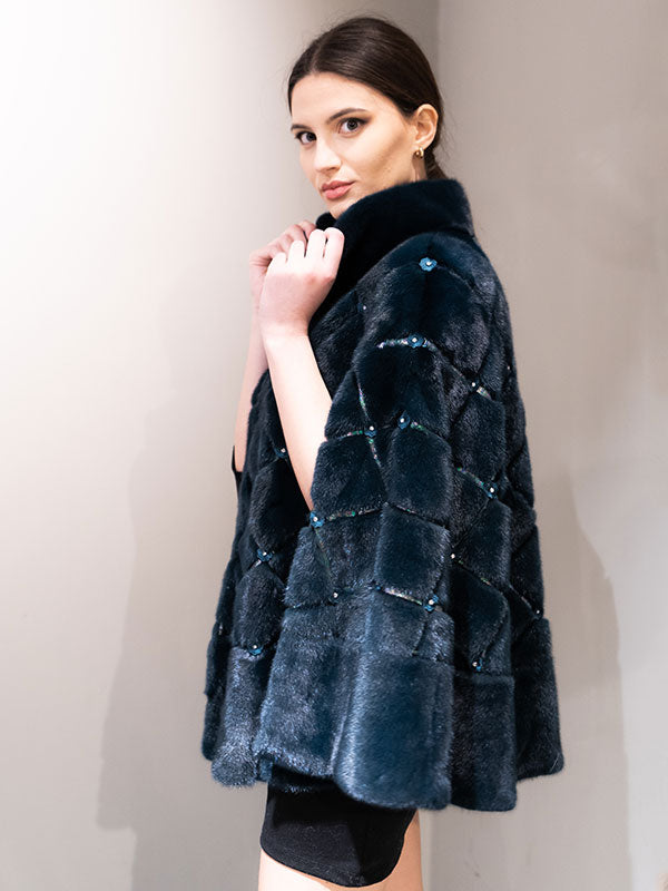 Elegant Blue Shinning Band Collar Outwear