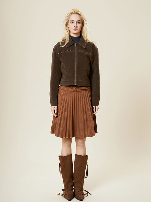 Fold Over Collar Rivet Zipper Brown Jacket