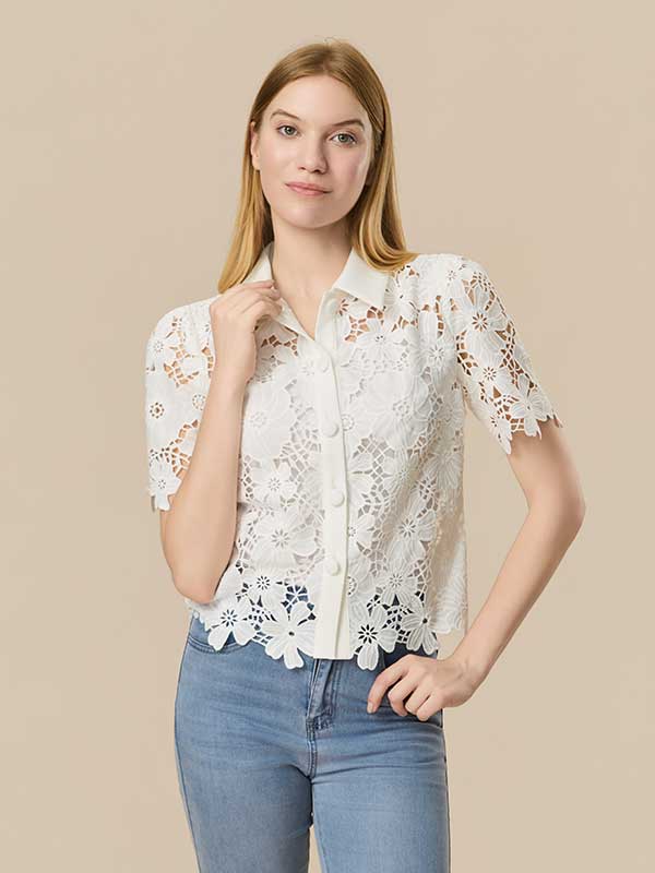 Floral Hollow Out Solid Shirt