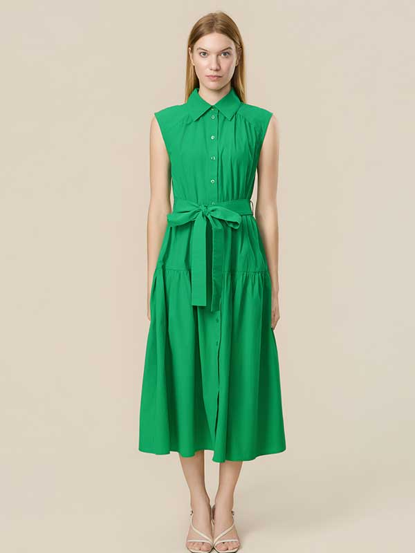 Button Down Collar Belt Maxi Dress