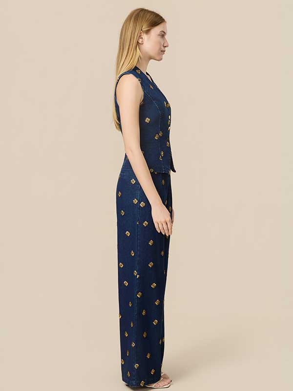 Embroidery V Neck Denim Outfit Sets