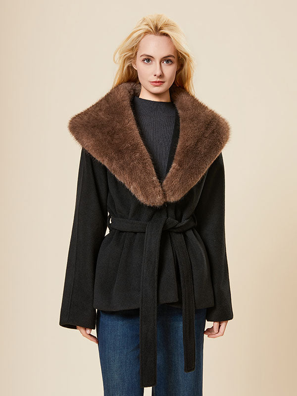Fur Lapel Belt Patchwork Warm Coat