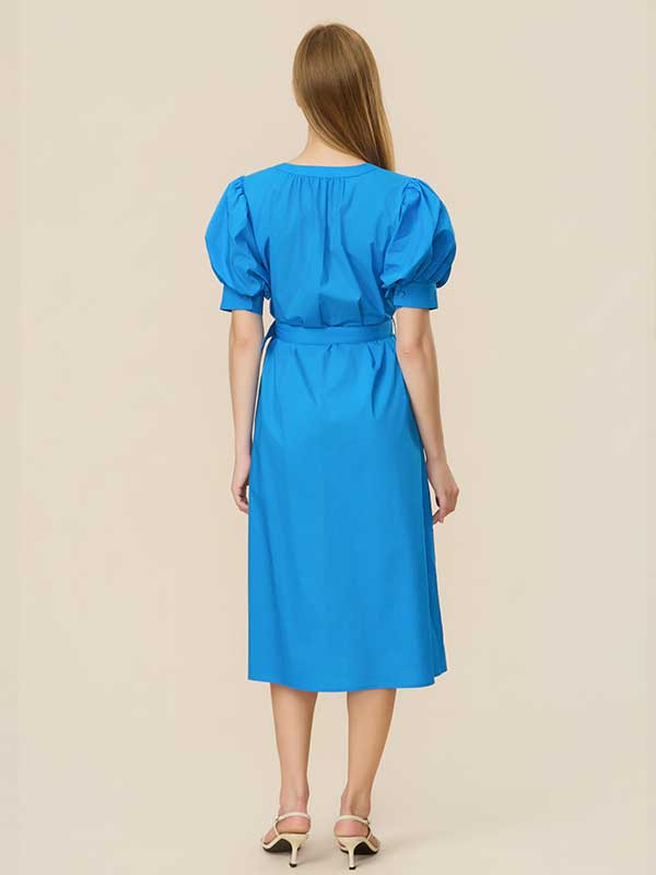 V Neck Belt Blue Maxi Dress