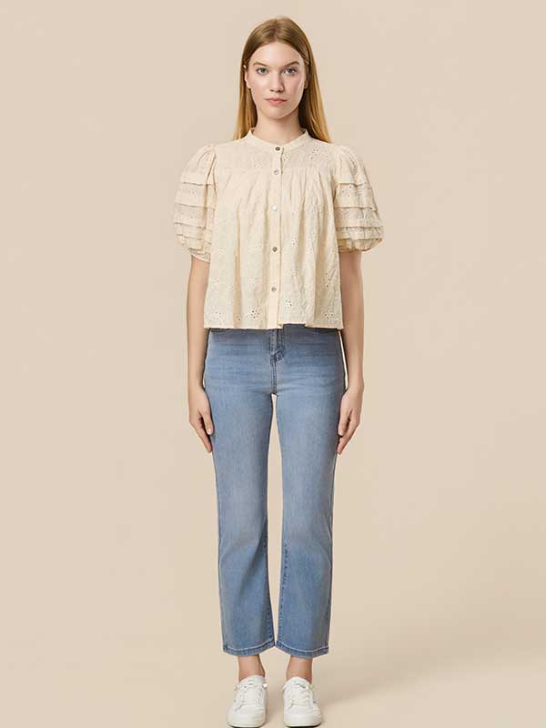 Flounce Hollow Out Crew Neck Blouse