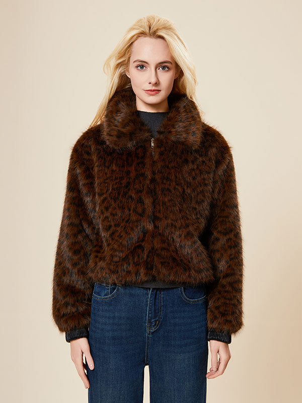 Leopard Fold Over Collar Zipper Fur Coat