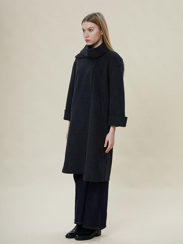 Unique Scarf Collar Button Solid Coat