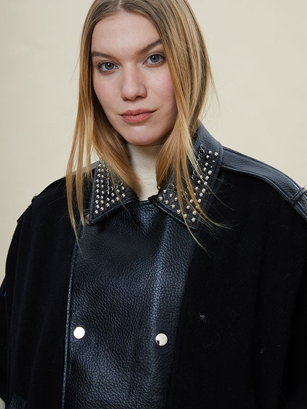 Rivet Fold Over Collar Patchwork Jacket