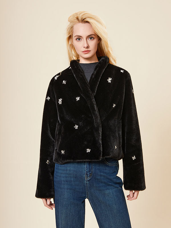 Black Band Collar Diamante Patchwork Coat