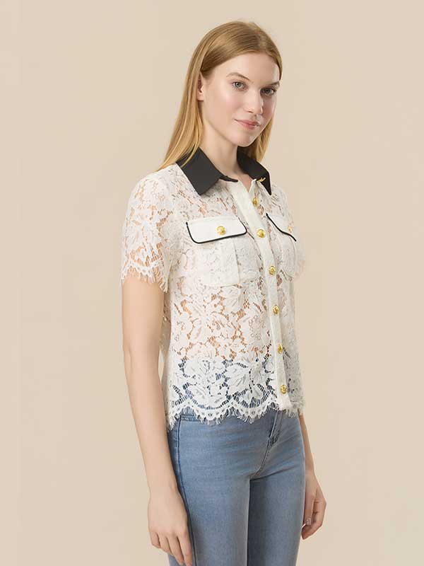 Color Block Lace See Through Shirt