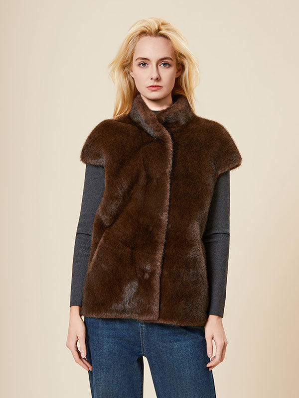 Warm Band Collar Single Breasted Fur Vest