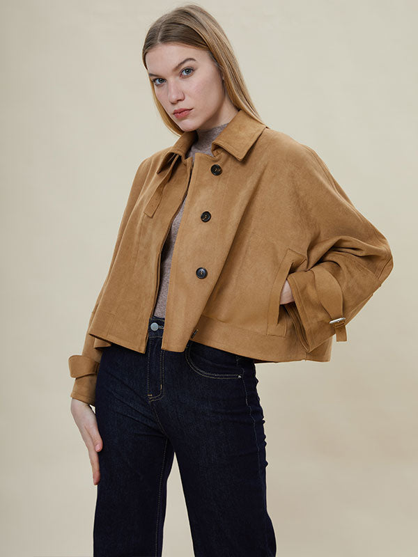 Fold Over Collar Zipper Solid Jacket