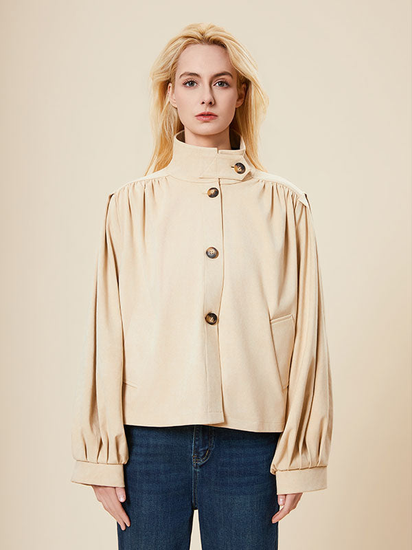 Pleated Bodice Single Breasted Solid Blouse