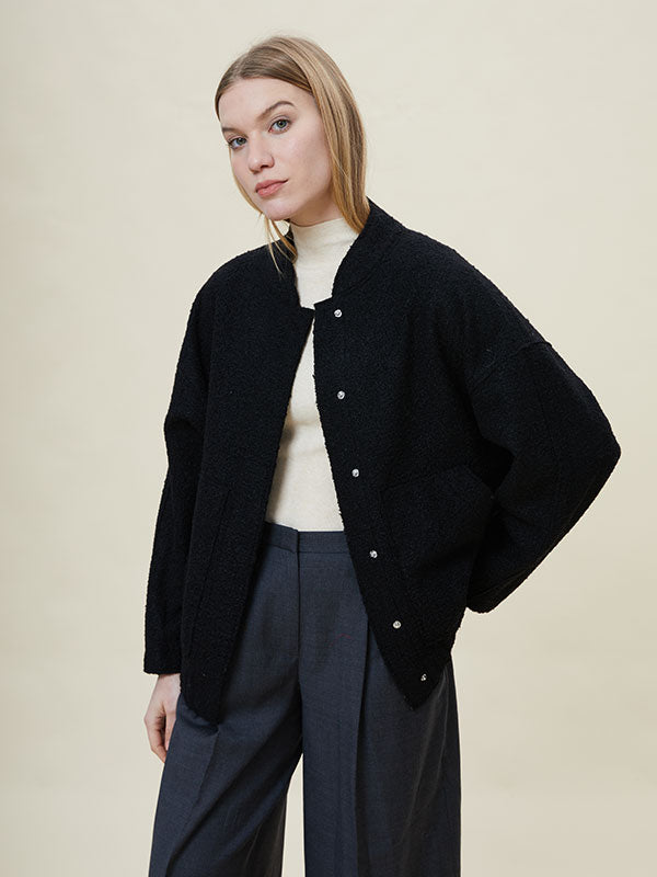 Single Breasted Band Collar Black Jacket