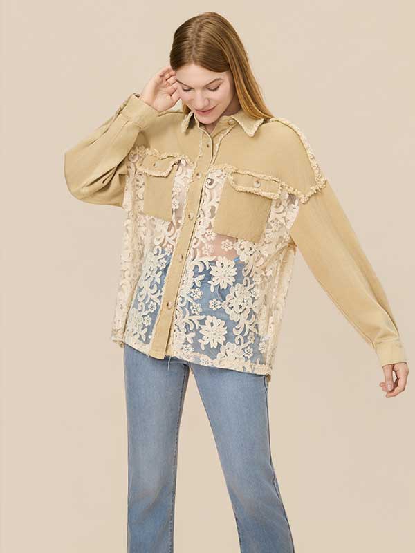 Frayed Trim Lace Patchwork Shirt
