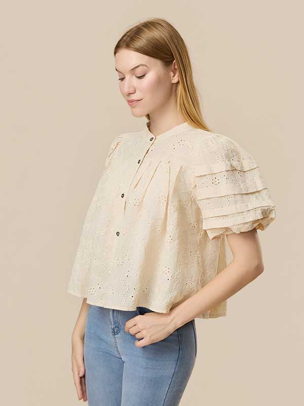 Flounce Hollow Out Crew Neck Blouse