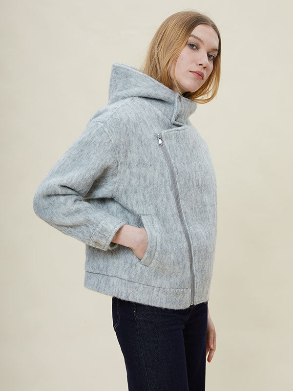 Gray Hooded Zipper Solid Jacket