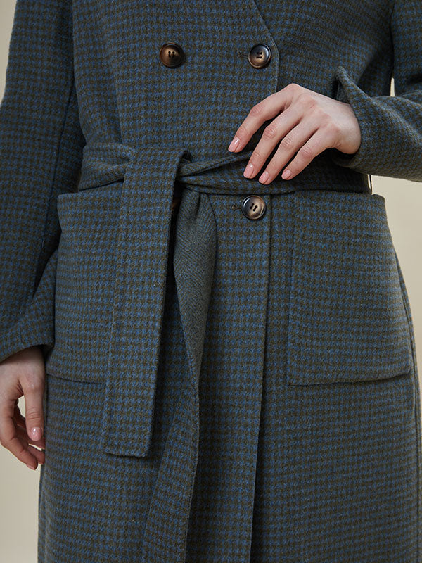 Houndstooth Belt V Neck Coat