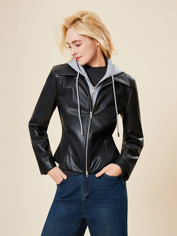 Hooded Color Block Zipper Leather Jacket