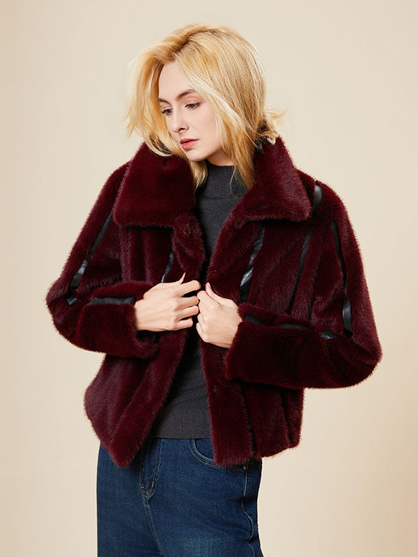 Leather Patchwork Fold Over Collar Fur Coat