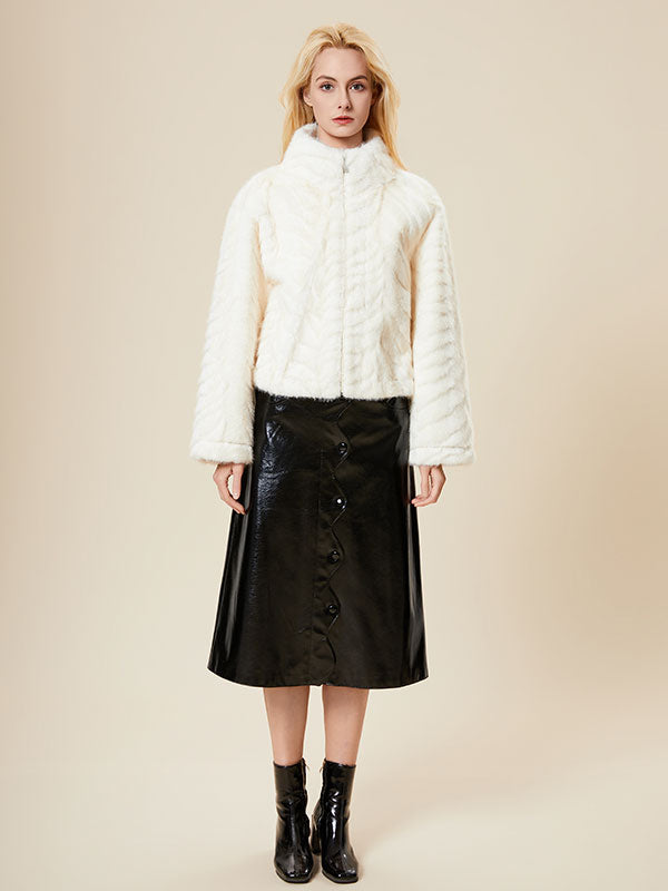 Elegant Band Collar Zipper Solid Fur Coat