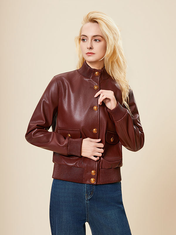 Rib Knit Cuffs Band Collar Leather Jacket