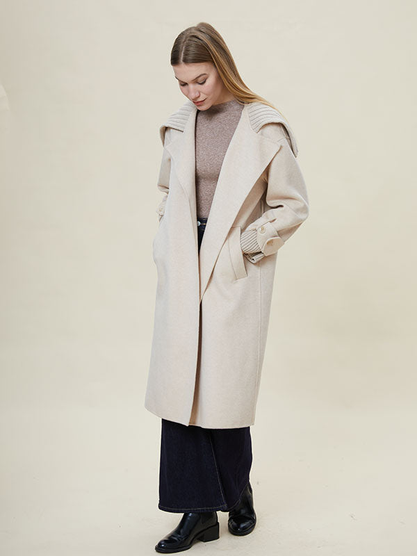 Lapel Rib Knit Cuffs Patchwork Coat