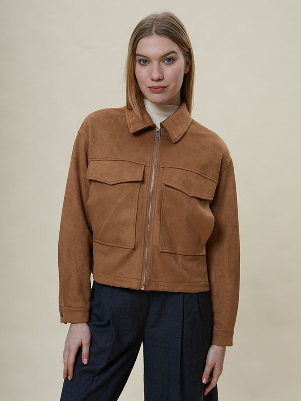 Flap Pocket Zipper Brown Jacket