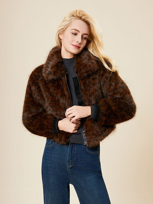 Leopard Fold Over Collar Zipper Fur Coat