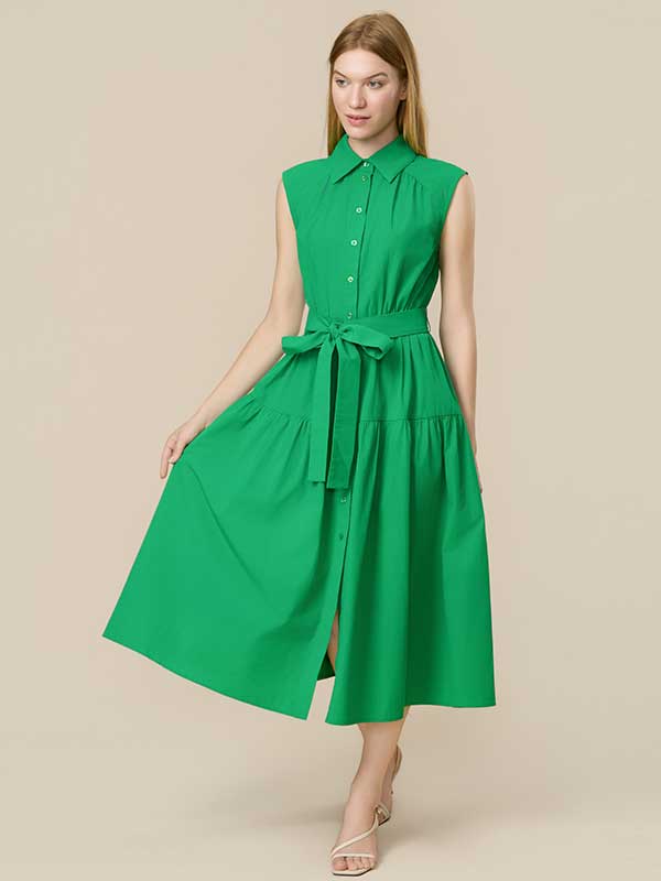 Button Down Collar Belt Maxi Dress