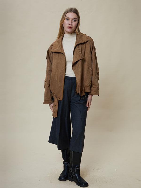 Meilade Lapel Belt Zipper Jacket