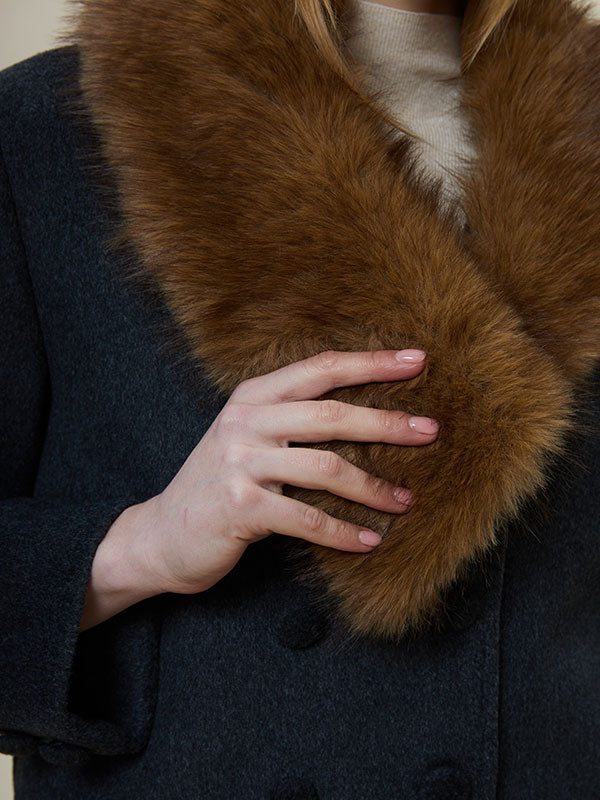 Fur Collar Blet Double Breasted Coat