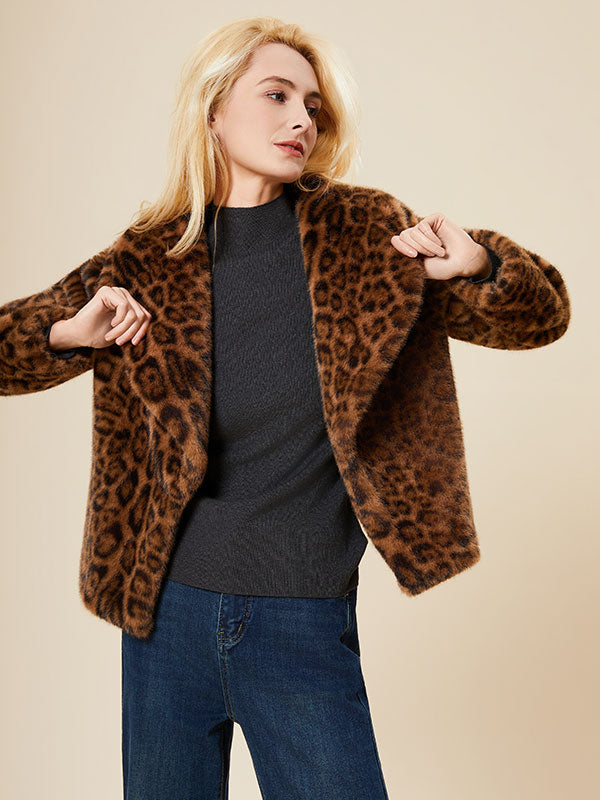 Leopard Printed Lapel Snap Front Fur Coat